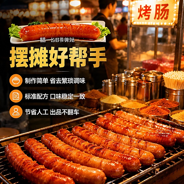 是商用爆汁烤肠调料，画面中烤肠也不是很诱人