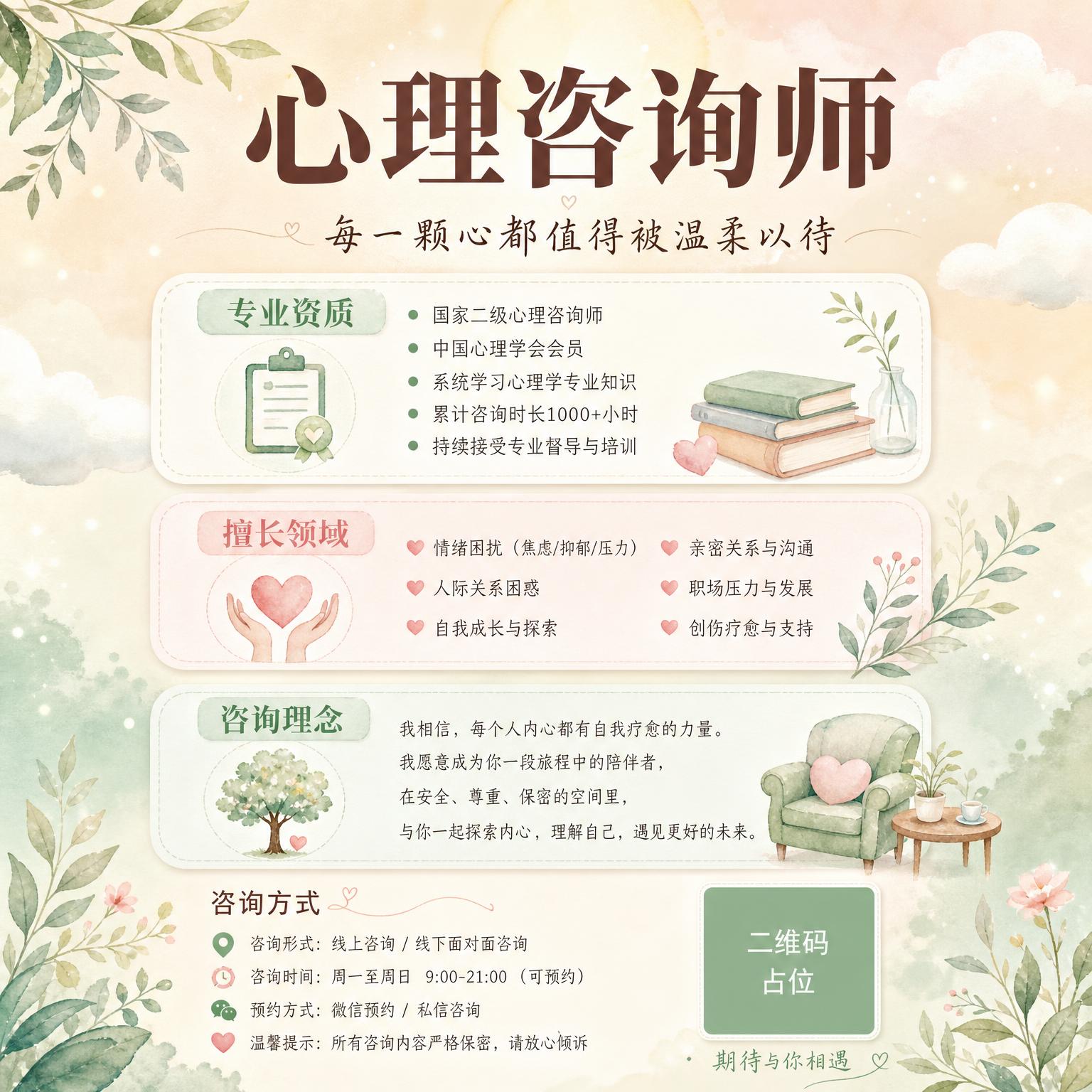一张温暖治愈风格的心理咨询师个人简历海报，竖版9:16比例。整… - 图片创意预览