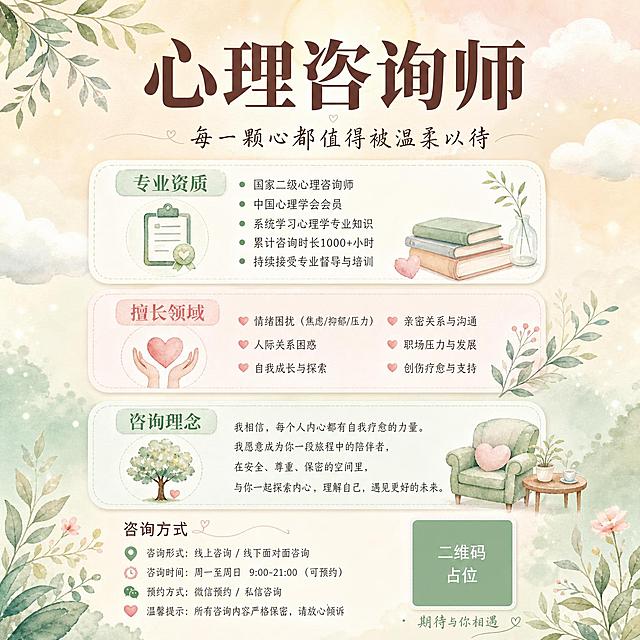 一张温暖治愈风格的心理咨询师个人简历海报，竖版9:16比例。整体色调为柔和的米白色、淡粉色和薄荷绿渐变，营造安全、温暖、信任的氛围。画面顶部是大标题"心理咨询师"，下方副标题"每一颗心都值得被温柔以待"。中间区域分为几个信息卡片模块：第一个模块是"专业资质"，列出心理咨询师证书、系统培训结业、持续接受督导等内容；第二个模块是"擅长领域"，用四个图标加文字呈现：情绪困扰（焦虑/抑郁/压力）、关系议题（亲密关系/原生家庭）、自我成长（自我探索/人生转折）、职场心理（职业倦怠/生涯规划）；第三个模块是"咨询理念"，简短温暖的文字。底部是咨询方式信息和一个二维码占位符（纯色方块，中央标注"二维码占位"文字）。整体设计采用手绘水彩风格，点缀柔和的植物叶片、光斑和云朵元素，排版精美，信息分区清晰，给人舒适治愈的感觉。画面中所有信息区域必须填充完整合理的内容，不得出现空白框或待填写区域。