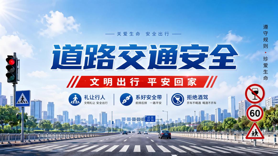 写实商业公益风格道路交通安全主题横版封面，画面居中放置大标题"道路交通安全"，副标题为"文明出行 平安回家"，侧边装饰小字"遵守规则 · 珍爱生命"，下方标注三个提示卖点"礼让行人""系好安全带""拒预览效果