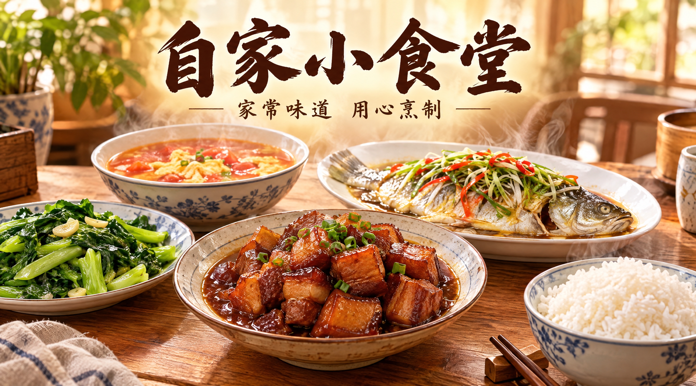 写实美食摄影风格，702x392横版店招，多道家常小菜错落摆放… - 图片创意预览
