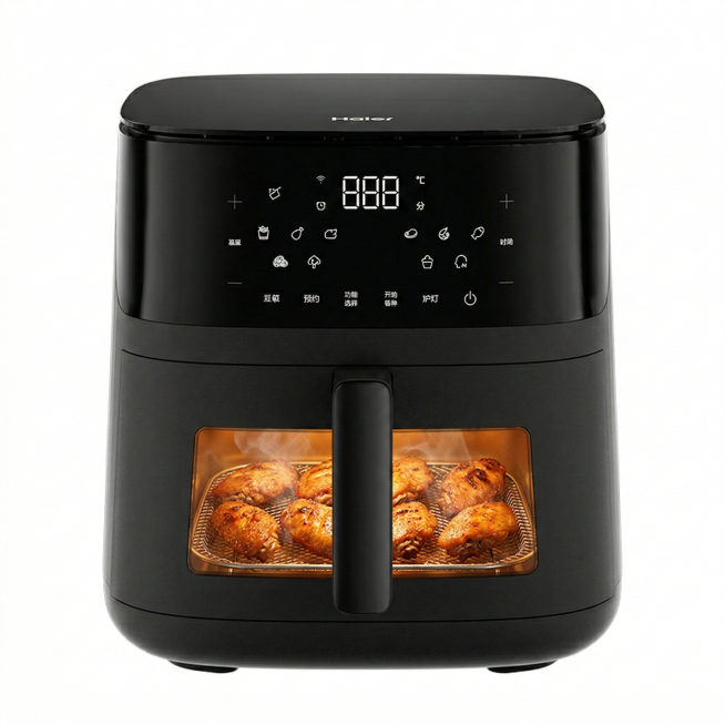 将背景改为纯白色，在空气炸锅的可视窗口内添加正在烹饪的金黄酥脆的烤鸡翅，呈现出食物烹饪时的诱人状态，体现可视效果预览效果