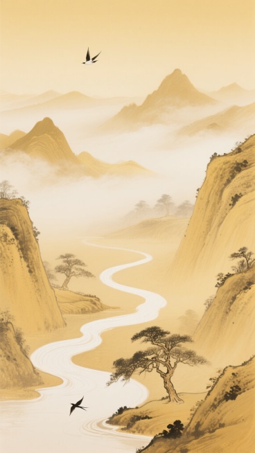 中国传统水墨风格金色山水画卷，变换布局的写意风景，柔和的米黄色至浅金色渐变色调，淡雅朦胧的光影效果，平滑细腻的线条勾勒出山峦轮廓，远处云雾缭绕的群山层次分明，蜿蜒曲折的河流如白色丝带穿梭于金色山谷间，几棵造型古朴的树木点缀在山脚河畔，两只飞鸟在天际自由翱翔，整体营造出宁静悠远、开阔大气的东方意境，构图疏密有致，留白恰到好处，展现出空灵缥缈的水墨韵味。预览效果