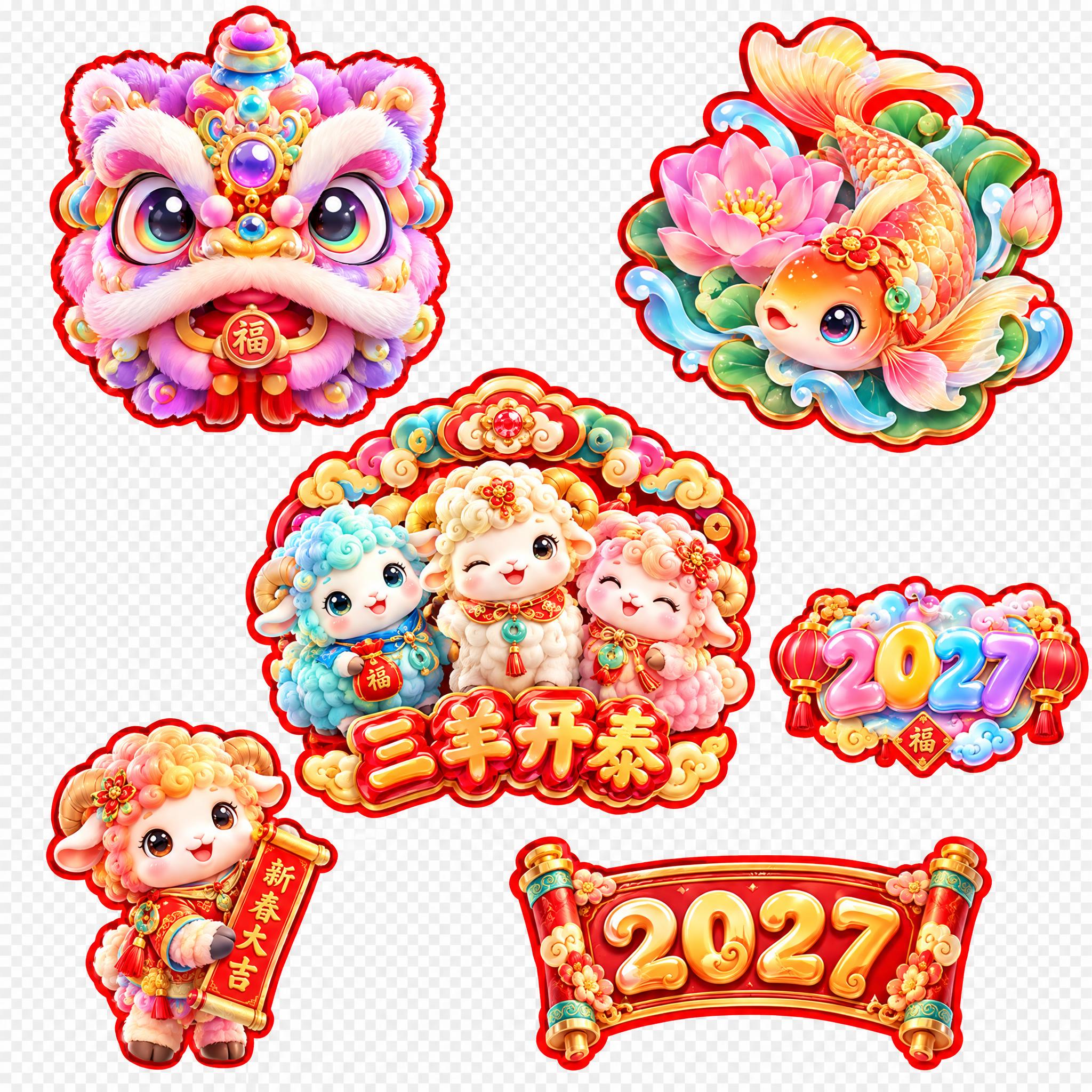 再次重新生成2027羊年春节贴纸套图，透明背景，包含6个独立元… - 图片创意预览