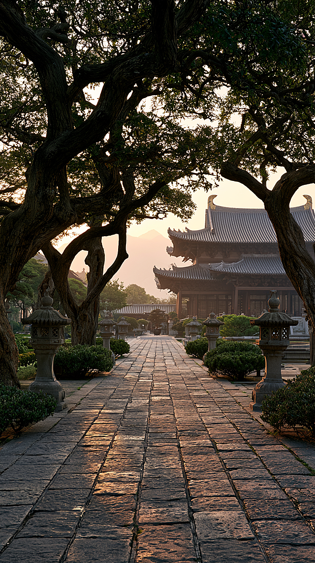 A serene ancient Chinese Buddhist temple main path paved with grey bricks, ancient trees with twisted branches on both sides, stone lanterns lining the pathway, low green shrubs neatly arranged, in the background the majestic flying eaves and upturned corners of the Mahavira Hall (Daxiong Baodian) visible, distant mountain outlines on the horizon, soft golden hour lighting, peaceful and sacred atmosphere, photorealistic, cinematic composition, warm color palette, misty atmosphere, traditional Chinese temple architecture, highly detailed, shot with wide angle lens --ar 9:16 --style raw