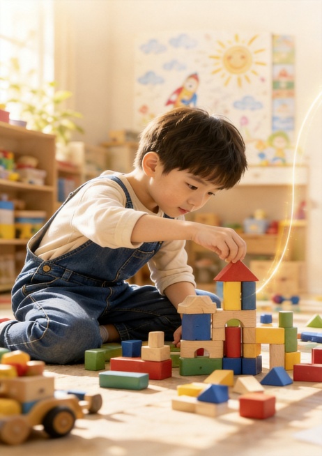 裁剪只保留图中左边区域小孩玩积木的部分，保留原画面风格和光影效果预览效果