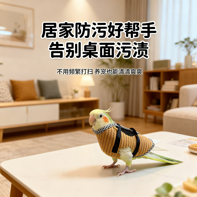 1:1竖版电商主图，治愈系养宠实用风，严格还原鹦鹉遛鸟袋的所有细节和产品尺寸比例，产品与场景协调无突兀感。主视觉：居家场景，穿棕色遛鸟袋的和尚鹦鹉站在桌面，周围环境干净整洁，背景为温馨家居布置，突出居预览效果