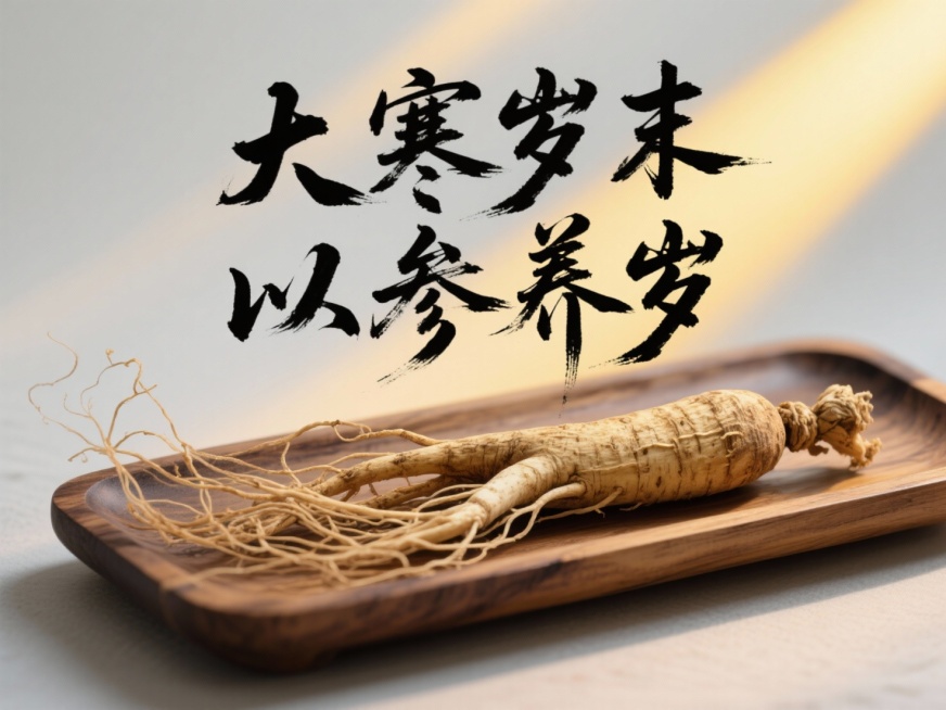 文字内容为“大寒岁末，以参养岁”，笔触清晰可见，中国风，光影效果，结合东方禅韵风格，高级感预览效果