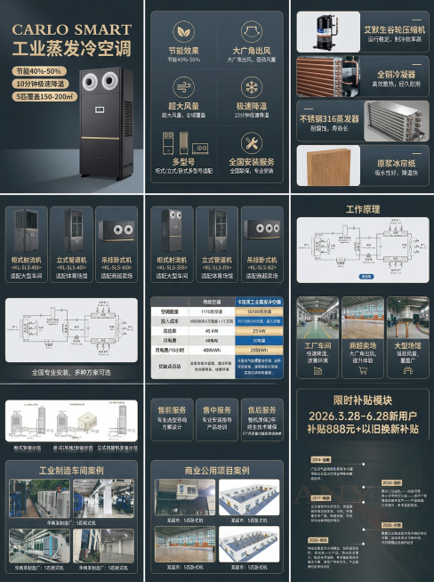 工业科技风工业蒸发冷空调电商详情页，共10个以上3:4比例版面，专业沉稳风格，使用上传宣传册内的产品图。版面1：首屏海报，突出工业蒸发冷空调产品，标注核心卖点“节能40%-50%、10分钟极速降温、5预览效果