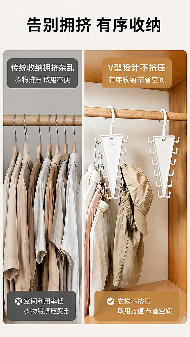 [第2屏] 痛点对比屏-普通衣架收纳拥挤与V型收纳架整洁对比。本屏使用【图1】作为本产品展示图。
[氛围/风格] 清晰对比展示，家居真实场景，客观平实风格，商业摄影质感。
[元素布局] 左右分栏对比布局，左栏展示普通衣架杂乱拥挤挤在一起的痛点场景，右栏展示使用本产品后衣架整齐有序不挤压的效果，本产品保持外观结构与输入图一致。
[光影质感] 左右两侧均匀柔光照明，两侧光影一致，对比清晰，产品细节保留完整。
[配色色系] 全局底色 #F5F1E9，左栏背景浅灰调，右栏保持原木浅棕调，标题黑色，对比文字白色配深色底块。
[视角构图] 左右分栏对比，均为平视视角，每侧占比50%，对比直观明显。
[文字版式] 顶栏标题「告别拥挤 有序收纳」居中，左栏痛点标注「传统收纳拥挤杂乱」，右栏结果标注「V型设计不挤压」，文字色块醒目不遮挡核心对比场景。
[比例分辨率] 9:16 竖版比例，4K分辨率，文字清晰可辨，高清画质。
[负向提示词] 产品变形，对比失衡，文字错乱，颜色偏差，水印，背景杂乱。