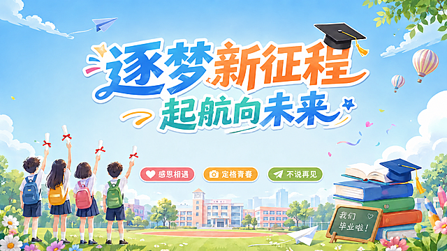 去除画面左侧的全部彩色气球，保持原有浅蓝色渐变天空背景和整体青春清新校园风格，其他元素和文字保持位置和内容不变，画面自然协调，所有文字清晰可读
