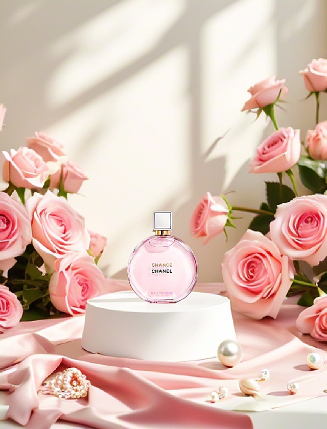 主体是一个白色的展示台，背景是朦胧玫瑰花束，一束淡淡的光照着展示台，展示台下面铺着粉色的绸缎，粉色玫瑰在四周环绕着，花瓣洒落在绸缎上，有一些珍珠，贝壳，整体风格梦幻浪漫风