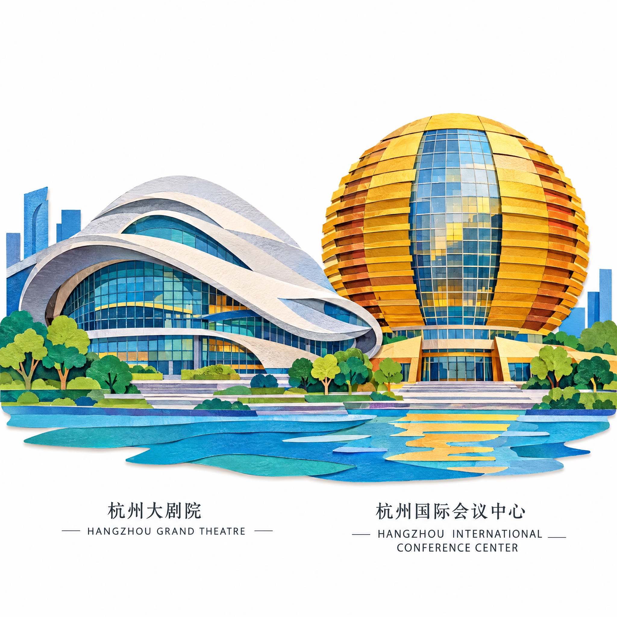 杭州大剧院和杭州国际会议中心的彩色纸片艺术风格插画，两座标志性… - 图片创意预览