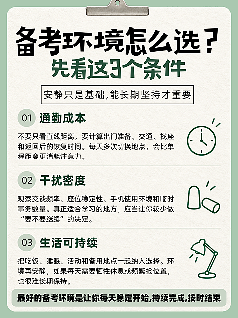 备考环境怎么选知识科普海报。画面包含通勤成本干扰密度和生活可持续三个备考要点，采用简约线条插画风格。适合学生或职场人士进行复习学习参考。