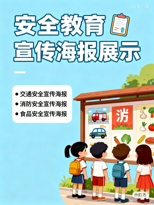 小红书3:4竖版宣传图，安全教育宣传海报展示主题，浅蓝色背景。顶部标题"安全教育宣传海报展示"配海报图标。左侧文字框内容："• 交通安全宣传海报\n• 消防安全宣传海报\n• 食品安全宣传海报"，右侧预览效果