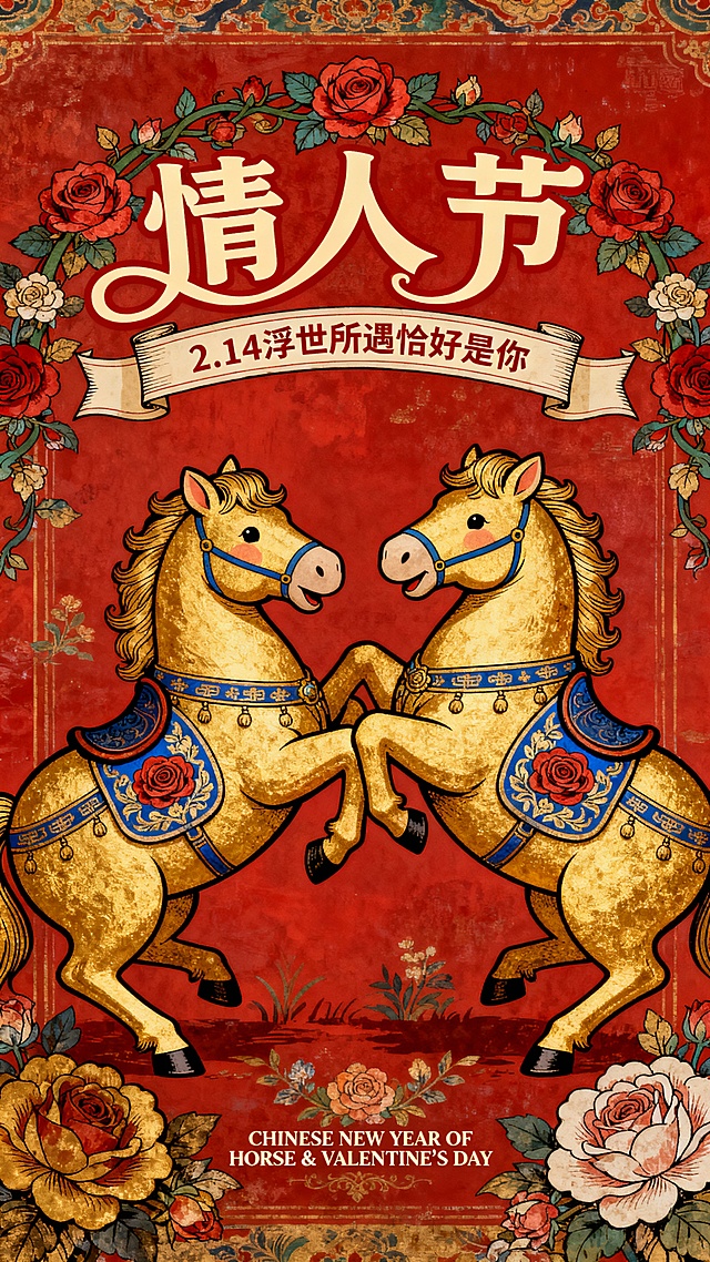 以2只胖嘟嘟的金色 唐代小马驹 玩耍的形象作为视觉中心（装饰玫瑰花纹路的宝蓝色纹和中式马鞍），强动态感构图，搭配玫瑰、花卉装饰元素。顶部结合玫瑰花藤条设计”情人节“的弯曲变形字标题+卷轴样式线框的文案"2.14 浮世所遇  恰好是你，"底部设精致的小字 “CHINESE NEW YEAR OF HORSE & VALENTINE'S DAY" 。色彩以红、金为主。