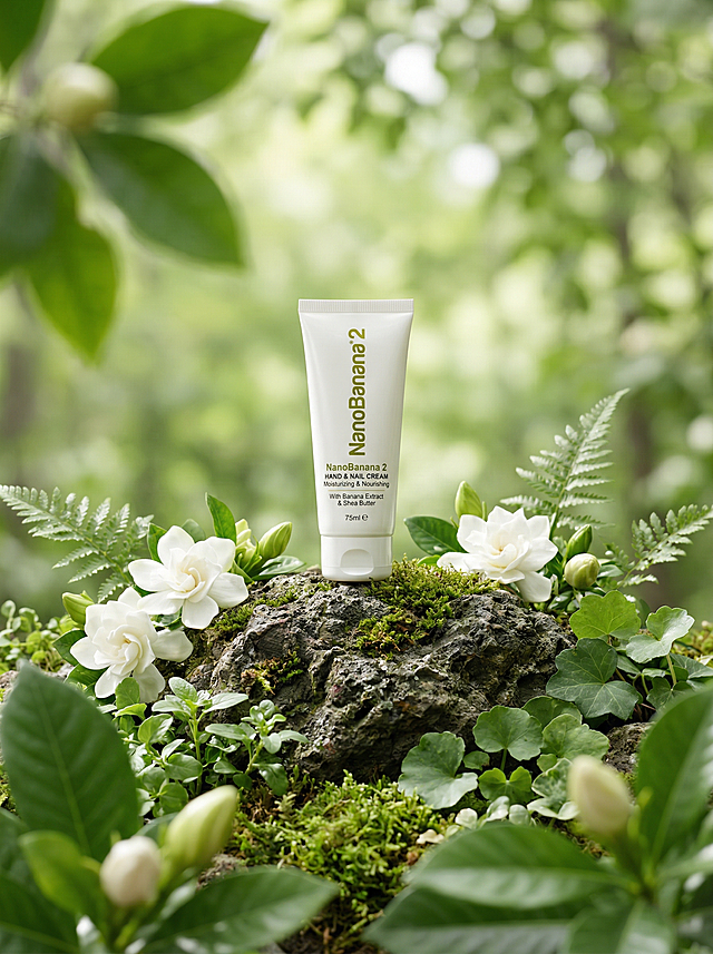 将护手霜产品自然融入自然场景，画面正中央直立放置产品，产品放置在一块质感粗糙的深色岩石上，岩石表面覆盖着鲜活翠绿的青苔，岩石周围布置着盛开的纯白色栀子花、绿色蕨类植物和圆润绿叶，背景是干净柔和的浅绿色渐变，前景绿叶和花苞轻微虚化，背景柔焦，整体氛围自然清新。保持产品原有Logo和文字原样不变，保持产品主体物理结构不变，商业高调摄影，柔和漫射光，前中后景层次，三分法视觉重心，8k分辨率，超细节，光线追踪，逼真材质表现，瓶身通透。负面提示：瓶身扭曲，文字错误，Logo变形