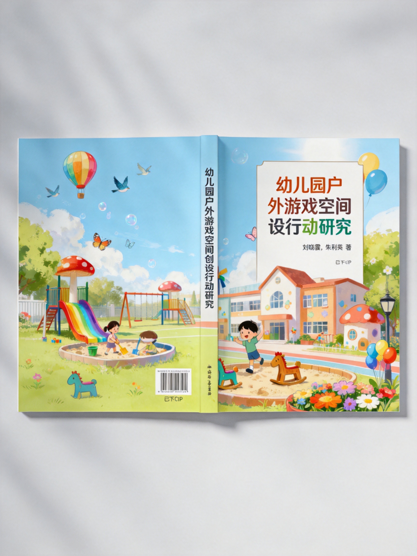 基于提供的两张幼儿园户外游戏空间相关图片，制作书籍封面封底展开… - 图片创意预览