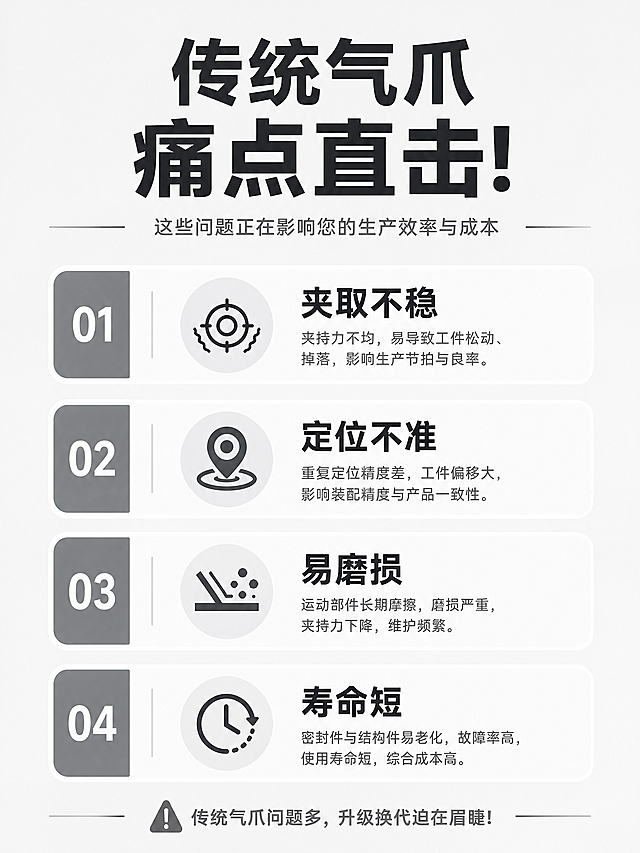 [详情第2屏] 传统气爪痛点直击，列出夹取不稳定位不准易磨损寿命短四个痛点，浅灰色调简洁排版，不用产品图，文字清晰对比强烈，尺寸2448×3264，文件大小控制在5M以内。