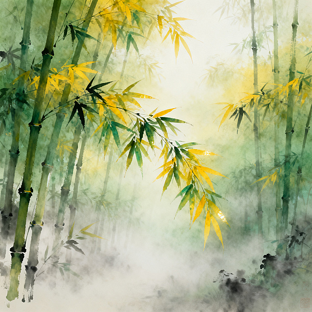 中式风格背景，主体是竹林景观，绿色和黄色为主色调搭配，整体呈现磨砂质地的质感，氛围朦胧充满仙气，禅意国风意境