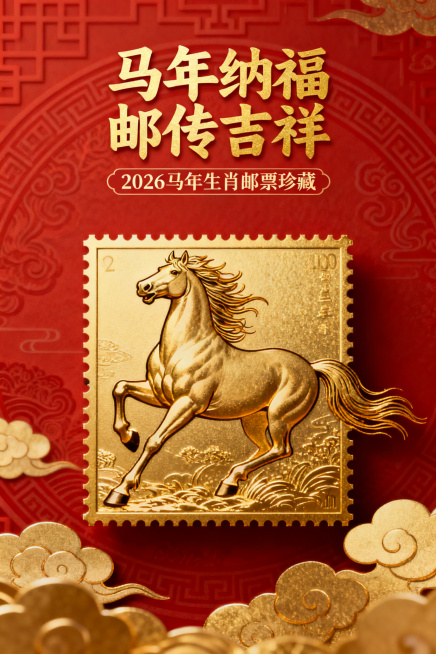 马年邮票主题海报，画面中心是一枚精致的烫金马年生肖邮票，邮票上是昂首奔腾的骏马，鬃毛飞扬，线条细腻，背景是传统红色底纹搭配金色祥云，海报上方有金色艺术字“马年纳福 邮传吉祥”，下方标注“2026马年生预览效果