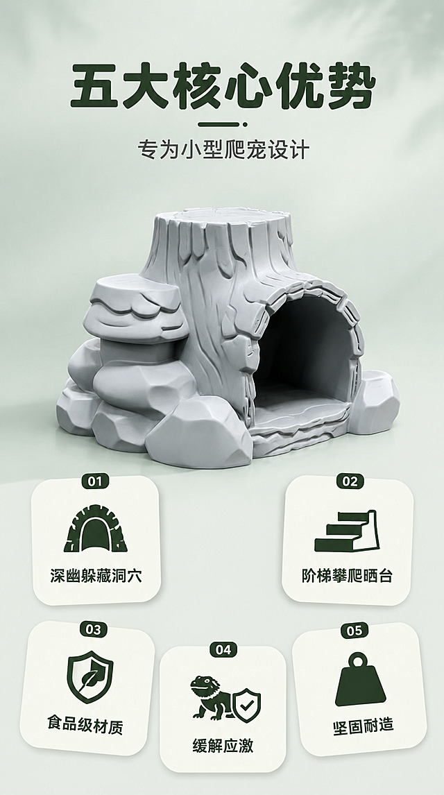 [第2屏] 核心卖点总览-浅灰色仿真树桩躲避屋五大核心优势。本屏使用【图2】作为商品主体。
[氛围/风格] 清爽功能说明风，简洁干净，商业摄影质感。
[元素布局] 浅灰色树桩躲避屋位于画面中上居中，占比约45%，正面展示完整结构；下方分布五个圆角功能卡片，呈花瓣状围绕产品。保持产品物理结构、树桩纹理、拱形洞口、阶梯晒台、浅灰色材质与输入图一致，杜绝变形色差。背景是浅灰绿色渐变，干净清爽。
[光影质感] 顶部柔和均匀光，产品正面受光均匀，洞穴内有自然阴影，整体明亮通透。
[配色色系] 全局底色 #F0F4F0 浅灰绿；主色浅灰岩石色；辅助色深绿文字、米白卡片底。
[视角构图] 正面微俯视，产品为视觉中心，阅读动线顶部标题 → 中部产品 → 底部五卡片。
[文字版式] 顶部居中主标题「五大核心优势」深绿色粗体圆润字体，副标题「专为小型爬宠设计」深灰色字号约一半。下方五个圆角卡片，每卡配图标加文字：卡片1「深幽躲藏洞穴」配洞穴图标；卡片2「阶梯攀爬晒台」配台阶图标；卡片3「食品级材质」配盾牌图标；卡片4「缓解应激」配安心图标；卡片5「坚固耐造」配重锤图标。卡片内文字深绿色，图标同色系。
[比例分辨率] 9:16 竖版比例，4K 分辨率，文字清晰可辨，高清画质。
[负向提示词] 变形，水印，文字错乱，产品模糊，背景杂乱，结构错误。