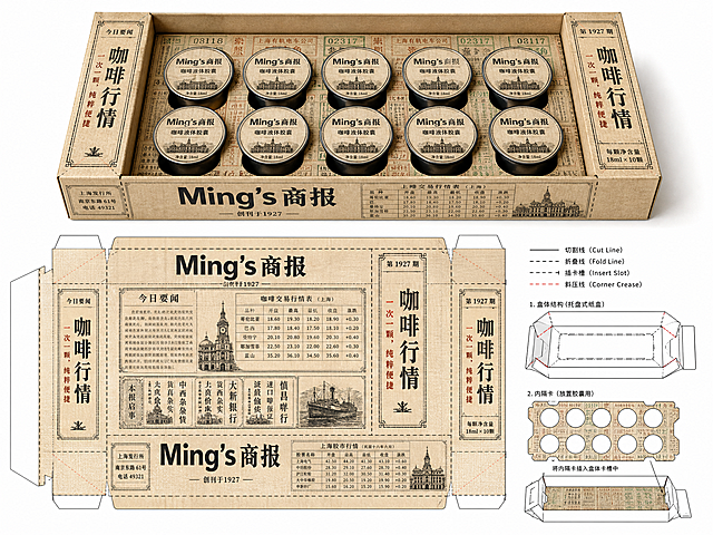 以下是六款 Ming’s/铭氏 咖啡纸盒包装的中文提示词，全部采用老上海复古报纸风格，构图均为上半部分立体展示图、下半部分平面刀版展开图，纯白背景。

1. 挂耳咖啡纸盒（翻盖盒）——“ Ming’s日报”
上半部分： Ming’s 咖啡挂耳滤泡包翻盖纸盒，以 3/4 侧面视角立体呈现。盒盖向上翻开 45 度，内侧印有铅字排版的手冲步骤说明。盒面完整复刻老上海《 Ming’s 日报》版面：泛黄新闻纸带有真实的纸张纤维肌理，局部模拟油墨微洇效果。报头以粗宋体大字竖排“ Ming’s日报”，下方横排“Since 2003·上海”。头条标题“手冲挂耳 沪上飘香”采用复古黑体，配竖排正文栏、石库门线刻画与白玉兰版画插图。盒内露出 3 包独立铝箔挂耳包，小包装上同样印有缩小的报纸元素。柔光棚拍，盒子底部有柔和自然投影。
下半部分：该翻盖盒的平面刀版展开图，以黑色线稿精确表现。裁切线为锐利实线，清晰划分出盒盖、前板、底板、后板、两侧防尘翼和粘口襟片。所有折叠压痕线均以高清晰度虚线（点划线）标示，防尘翼预折线与主盒体折线粗细分明。刀版图表面完整平铺《 Ming’s日报》印刷图案，版面跨越各裁片连续延展，出血区域明确。右下角附有“——折线”、“—•—齿刀线”图例小注。纯白背景，无杂物。

2. 速溶条装纸盒（抽屉盒）——“ Ming’s晚报”
上半部分：Ming’s 速溶咖啡条装抽屉式纸盒立体展示。外套筒盒面设计为老上海晚报《Ming’s晚报》风格，泛灰黄的新闻纸底色，报头纵排，头条“即溶咖啡 一冲即享”以长仿宋体印制，边框装饰源自月份牌广告的复古纹样与邮票齿孔。内盒抽屉向右拉出约三分之二，可见内部整齐排列的细长独立速溶粉条包，条包上印有竖排晚报版头图样。套筒表面呈现哑光质感与轻微纸盒擦痕，投影柔和。
下半部分：抽屉盒完整平面刀版展开图，分别呈现外盒套筒和內盒托盘两部分裁片。外盒套筒展平显示其粘接口和折叠线，內盒托盘则展示底板、四面侧壁折边及前沿弧形指孔。所有裁切轮廓为实线，折叠线用清晰虚线表示，套筒折叠线与內盒折边线以不同线长区分。刀版上平铺印刷统一的晚报版式，图案精确对应各成型面。白色背景，结构分明。

3. 冷萃浸泡袋纸盒（开窗盒）——“Ming’s文艺”
上半部分：Ming’s冷萃咖啡浸泡袋开窗纸盒立体渲染图。盒盖向上翻开，露出盒面的大型透明窗口，可直接看到内部银色冷萃浸泡袋。盒面设计为老上海报纸《Ming’s文艺》副刊风格：泛黄纸张上刊有关于咖啡文化的竖排随笔，配有一幅线条细腻的白玉兰木刻版画插图，版头“Ming’s文艺”以隶书变体设计，油墨呈深咖啡色，散发文雅怀旧气息。盒子正面反光质感显示透明窗口的轮廓，内部冷萃袋上隐约可见报纸缩印图文。
下半部分：该开窗盒的平面刀版展开图，黑色线稿。裁切实线描绘出外轮廓以及窗口的镂空切割线。所有折叠压痕线均为清晰的虚线，包括盒盖与盒身连接折线、侧板折线和底部成型折线。窗口区域留白无印刷，其余部分完整平铺《Ming’s文艺》版面，图案精准跨越各面。刀版图旁侧标注“窗口区域”和“折痕线”示意，线条对比度极高。

4. 咖啡液胶囊纸盒（托盘盒）——“Ming’s商报”
上半部分：Ming’s单颗咖啡液胶囊托盘式纸盒立体展示。盒体呈浅盘状，盒面以老上海《Ming’s 商报》经济版为灵感：泛黄纸张，报头为等线体“Ming’s商报”，刊登着竖排的“咖啡行情”与启事式广告文案“一次一颗，纯粹便捷”，配有复古股票行情表格式的装饰线框。盒内整齐排列 10 颗铝膜复合咖啡液胶囊，内衬卡纸上印有老上海电车票底纹，传达出民国时期商业印刷品质感。俯视略带角度，可看到盒子厚度和胶囊深度，光影柔和。
下半部分：托盘盒的平面刀版展开图。展示托盘底部、四边侧壁向上折起结构以及内衬分隔卡的裁切形状。裁切线为实线，折叠线均以加粗虚线表达，侧壁折角处清晰地标示了斜角折痕，内衬卡插缝也以虚线定位。平铺的《Ming’s商报》版面覆盖所有裁片，出血处理到位，确保立体成型后图文无缝衔接。白色背景，刀版结构细节一览无余。

5. 便携浓缩液袋纸盒（竖翻盖盒）——“Ming’s号外”
上半部分：Ming’s 便携浓缩咖啡液竖式翻盖纸盒立体渲染图。盒子高窄，顶部翻盖打开，露出内部带吸嘴的独立浓缩液袋。盒面设计为老上海“号外”报纸风格：泛黄新闻纸，报头大书“Ming’s 号外”，下面横排猩红色醒目大标题“浓缩咖啡随身行”，极具冲击力。版面配有石库门与白玉兰的铁版画风格黑白插图，油墨浓厚。盒体侧面印有“Since 2003”及配料表，均采用老式铅字排版。光线在纸盒边缘形成高光，体现硬挺纸卡质感。
下半部分：竖翻盖盒平面刀版展开图。外形高瘦，裁切实线刻画出顶盖、前板、后板、底部锁扣片和侧板。所有折线，包括顶盖弯折线、盒身折痕及底部成型扣折线，都用清晰虚线标示。靠近顶盖处有一圆孔挂耳结构，以实线圆表示裁切。平铺的“号外”版面完全填充各裁片，挂孔周围保留恰当空白。图面下方有图示标注“实线：裁切 / 虚线：折叠”，简洁专业。

6. 冻干粉条装纸盒（书型盒）——“Ming’s申报”
上半部分：Ming’s冻干即溶咖啡书型纸盒展示图。盒子像精装书一样打开平放，左侧封面、右侧封底，中间书脊挺拔。封面设计为老上海《申报》副刊《Ming’s申报》风格：泛黄版面印有长篇文章标题“冻干即溶：现代咖啡新法”，正文以竖排铅字分栏，配有咖啡果枝干的小型版画。内托卡纸嵌入右侧，上面固着一排独立铝箔冻干粉条包，每条包装延续申报版面的微型设计。光影突出纸盒的厚度、书脊弧度以及内托的层次感。
下半部分：书型盒的平面刀版展开图，包含完整的封面、封底、书脊和内部粘贴的内托基座轮廓。裁切线为实线，书脊两侧的压槽折叠线以双虚线（两条平行虚线）表示，精确模拟精装书脊的成型。内托的折叠舌和粘贴区域也由虚线清晰定义。所有裁片平铺着《Ming’s 申报》版面，书脊位置印有报头和期号，粘贴区域留出血。右下角有“刀版折线示意图”小标，纯白底，极致清晰。