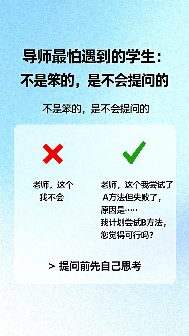 制作研究生论文辅导知识科普图文海报，整体排版精致简约，浅蓝色渐变背景，质感画面。参考提供的两张图文样式，保持清晰文字排版，内容为：大标题：导师最怕遇到的学生： 副标题：不是笨的，是不会提问的。错误示例打叉 ❌：“老师，这个我不会”，正确示例打勾 ✅：“老师，这个我尝试了A方法但失败了，原因是…我计划尝试B方法，您觉得可行吗？”。最后箭头提示 👉：提问前先自己思考。要求所有文字清晰可辨认，排版干净，无任何水印。