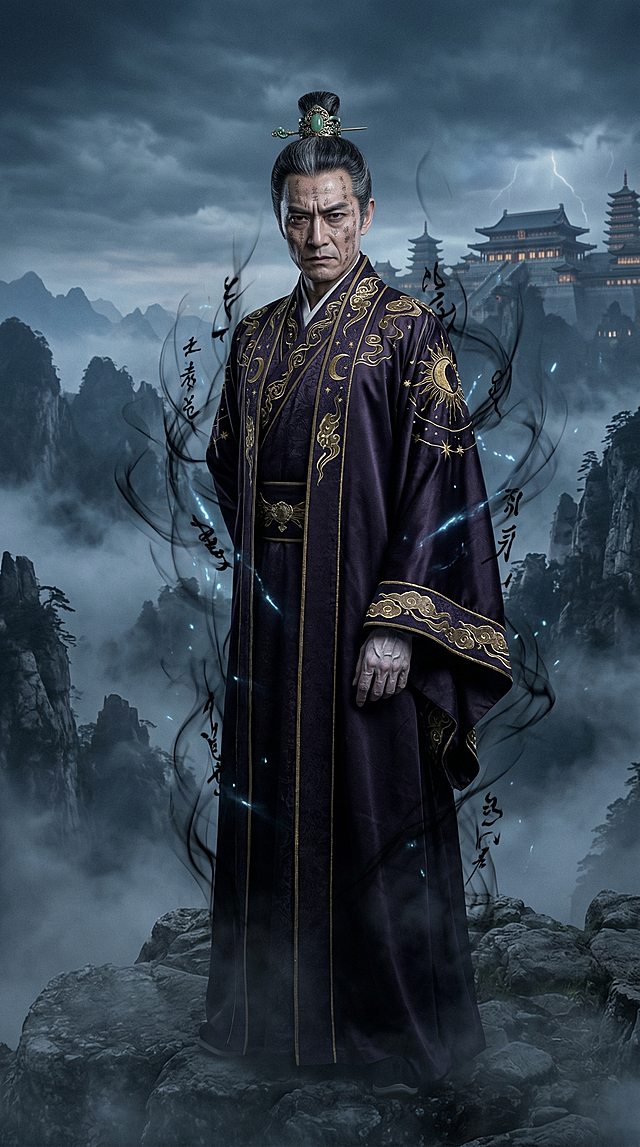 国潮风与3D重拟物结合，水墨光影交织，人物身着鎏金华服，面带神秘符文，立于云雾缭绕的古殿前，营造出沉郁而庄严的古典东方奇幻氛围。