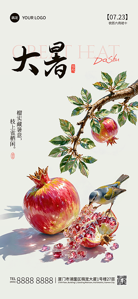 大暑节气祝福3D质感国风朋友圈全屏竖版海报