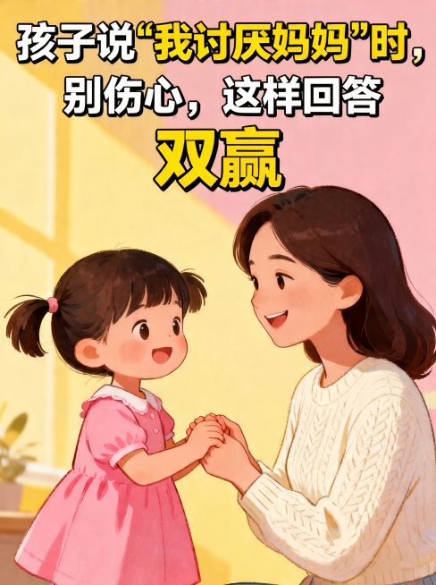 去掉图片中的所有水印，保持原封面内容不变，依然保留清晰醒目的文字"孩子说"我讨厌妈妈"时，别伤心，这样回答 双赢"，温馨治愈的亲子插画风格不变，确保画面干净无水印。预览效果