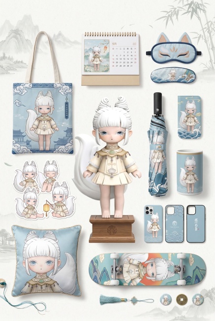 基于参考图中的国风狐狸少女IP形象，制作一组文创周边集合图，主IP形象放置在画面最中间，将该IP印在手机壳、手提袋、抱枕、眼罩、贴纸、杯子、日历、滑板、雨伞等多样文创物品上，整体采用中国风风格，浅蓝色预览效果