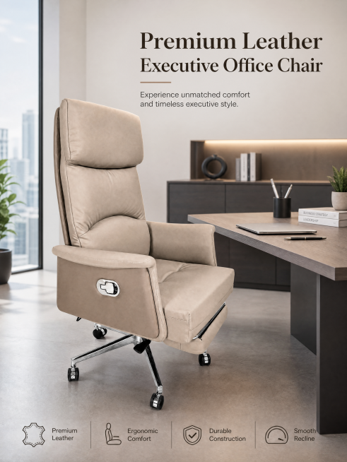 老板椅整体展示图，英文介绍文字 "Premium Leather Executive Office Chair"，突出这款老板椅整体外观设计，浅卡其色皮革搭配金属底座，整体放置在简洁商务办公场景中，保预览效果