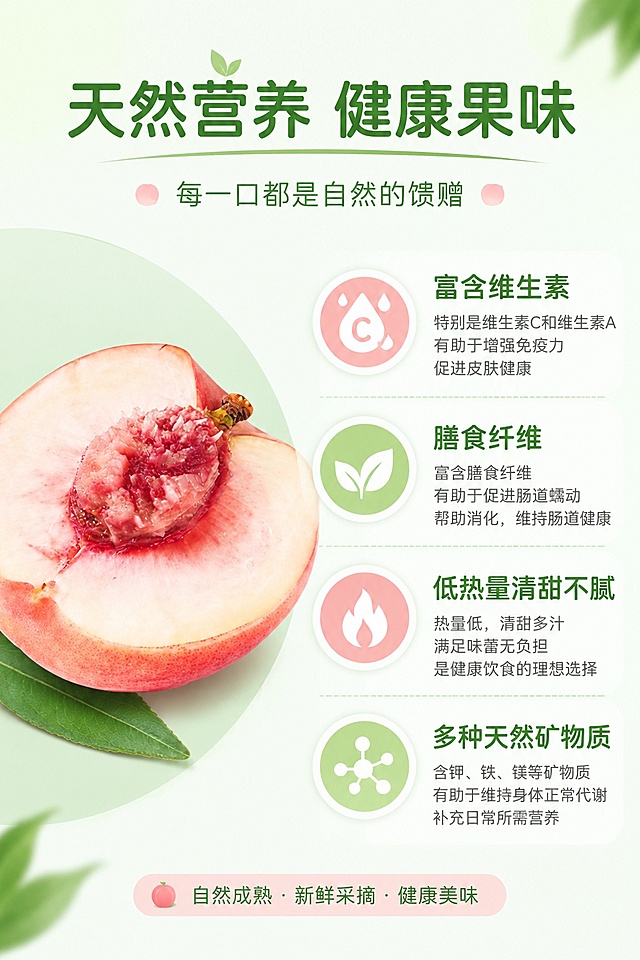 [第8屏] 详情页营养介绍-水蜜桃天然营养成分。
[氛围/风格] 简约健康风，干净清晰，知识科普排版。
[元素布局] 左侧放置半颗水蜜桃示意图，占比约40%，右侧分点列出营养成分，每种营养配小图标，整体排版工整舒适，信息清晰，水蜜桃外观和输入产品图一致。
[光影质感] 均匀柔光照明，整体干净明亮，信息和产品都清晰。
[配色色系] 全局底色 #F2F9F4，主色浅绿健康色，辅助粉嫩桃色，深绿色文字。
[视角构图] 左右分栏平视，均衡构图，阅读动线左产品 → 右信息。
[文字版式] 顶部主标题「天然营养 健康果味」，右侧分点：富含维生素、膳食纤维，低热量清甜不腻，圆角字体分点排版，文字清晰易读。
[比例分辨率] 2:3 竖版比例，4K分辨率，文字清晰可辨，高清画质。
[负向提示词] 产品变形，文字错乱，排版拥挤，文字过小，水印，虚假宣传