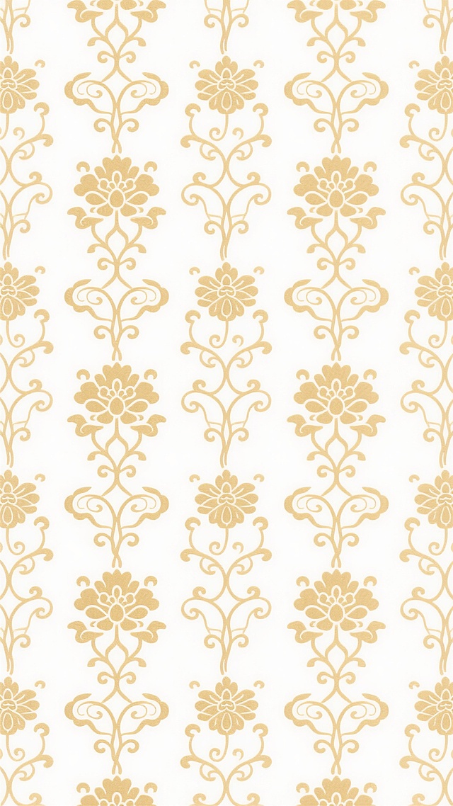 传统中式纹样，金色线条勾勒，以卷曲藤蔓、对称花卉为核心元素，整体呈竖列重复排列的无缝图案，线条流畅细腻，花纹疏密有致，背景为纯白色，风格典雅庄重，具有古典装饰美感，变换样式为融入云纹和如意纹元素，保持金色与白色的经典配色及对称式构图。