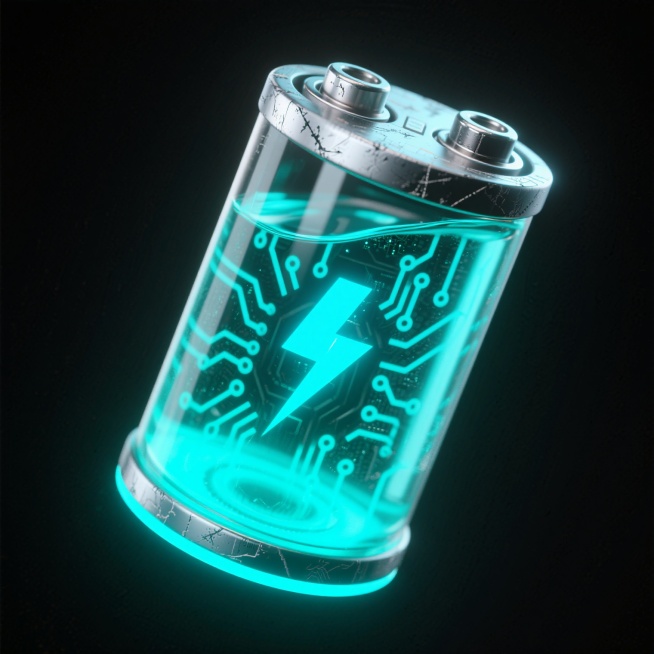 一个赛博朋克风格的电池图标，透明外壳内充满流动的霓虹蓝绿色能量液体，液体中悬浮着发光的电路板纹理和微型闪电符号，顶部银色金属电极带有磨损的科技感划痕，底部有一圈脉冲式发光的蓝色光环，整体悬浮在纯黑色背景上，边缘有轻微的辉光效果，呈现出未来科技感与能量充沛的视觉冲击。预览效果