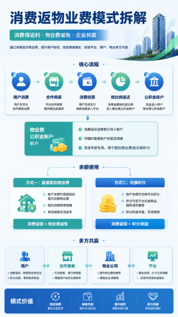 一张消费返物业费商业模式总览图，主标题消费返物业费模式拆解，包含核心流程：用户在平台合作商家消费，消费金额按比例进入物业费公积金账户，余额可直接抵扣物业费或兑换积分，采用商务蓝绿色调，清晰大气设计预览效果