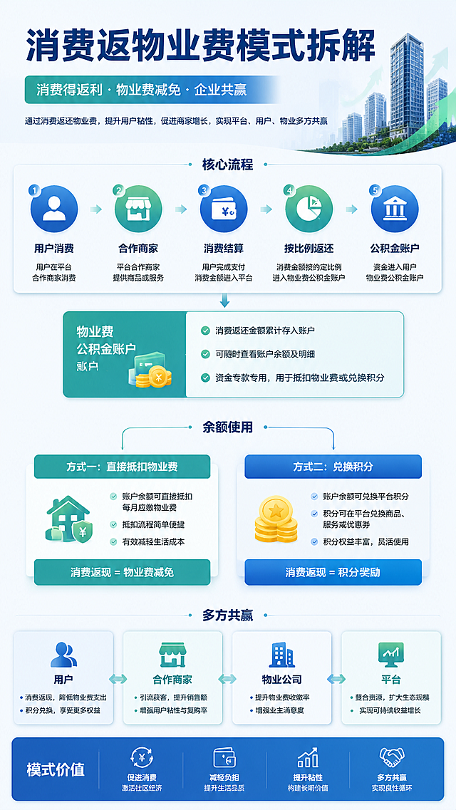 一张消费返物业费商业模式总览图，主标题消费返物业费模式拆解，包含核心流程：用户在平台合作商家消费，消费金额按比例进入物业费公积金账户，余额可直接抵扣物业费或兑换积分，采用商务蓝绿色调，清晰大气设计
