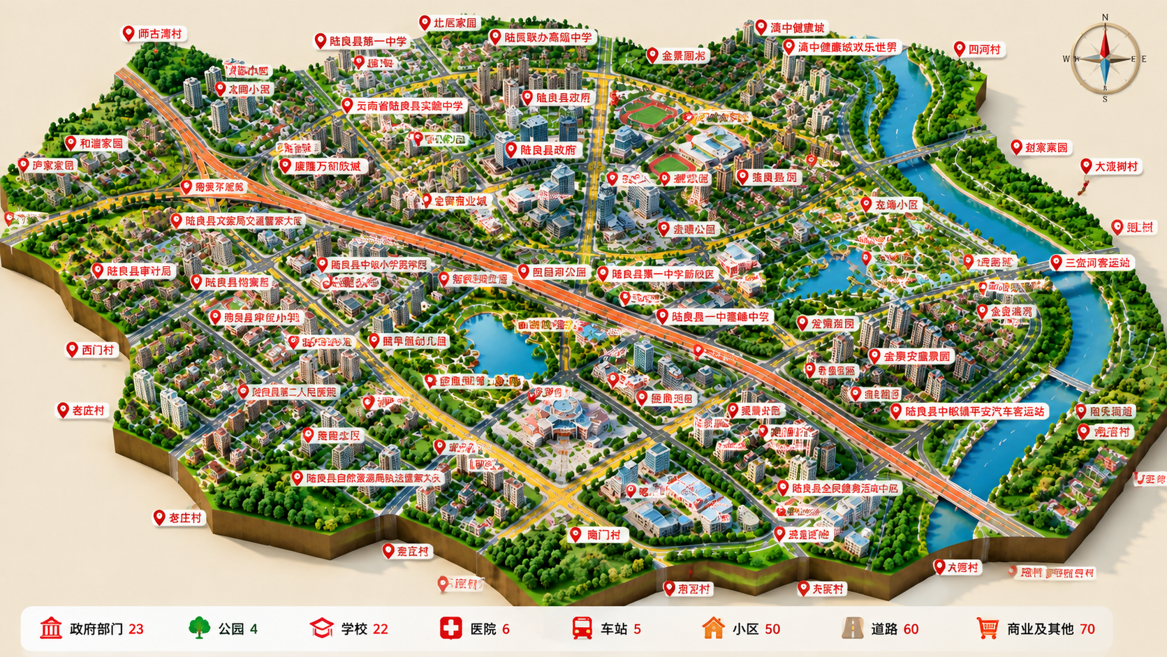 在这张3D立体微缩城市地图上，对应位置添加完整的地点名称标签，… - 图片创意预览