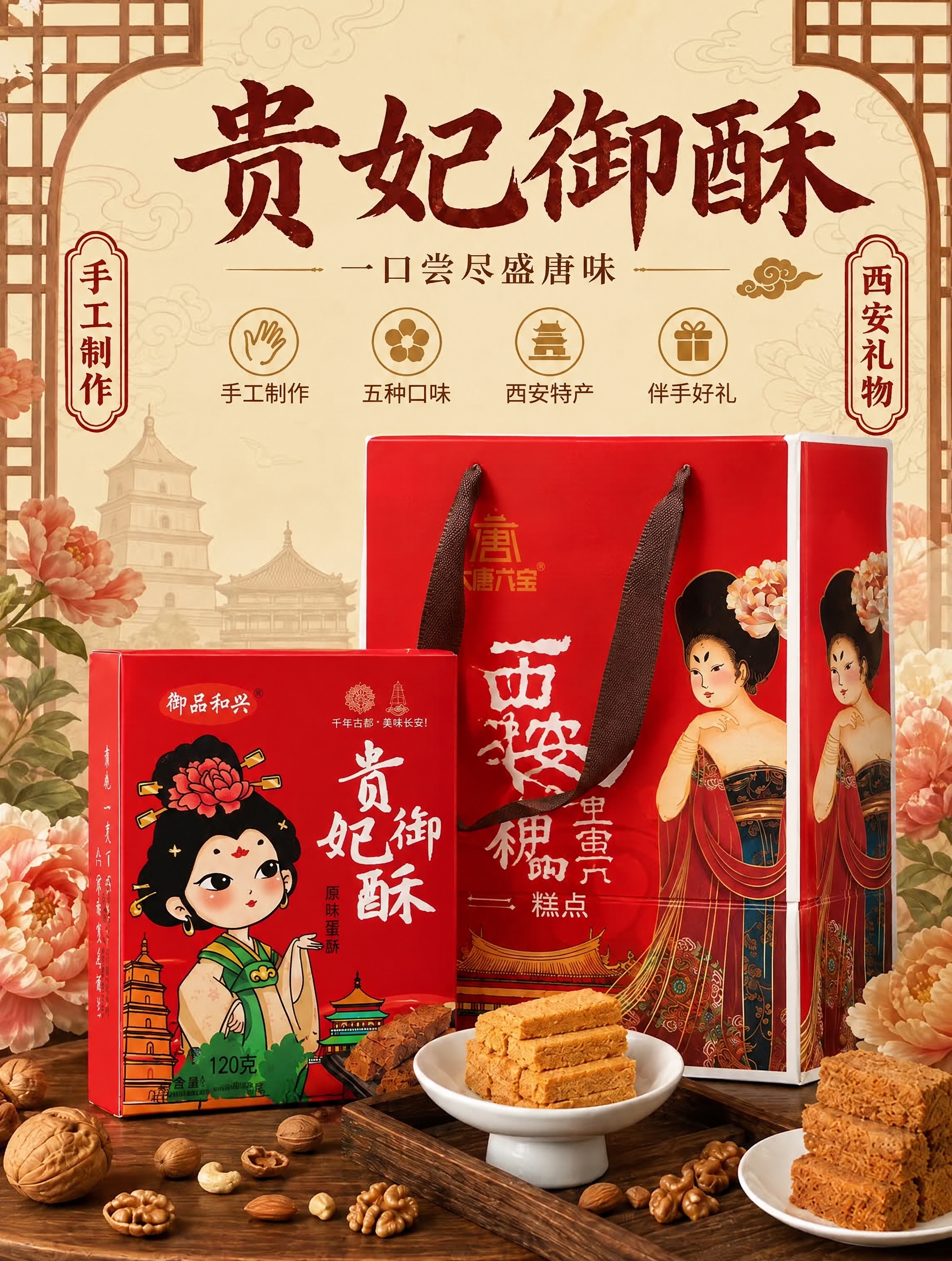 将图中的红色贵妃御酥包装盒和红色礼品袋替换为第二张图中的包装盒… - 图片创意预览