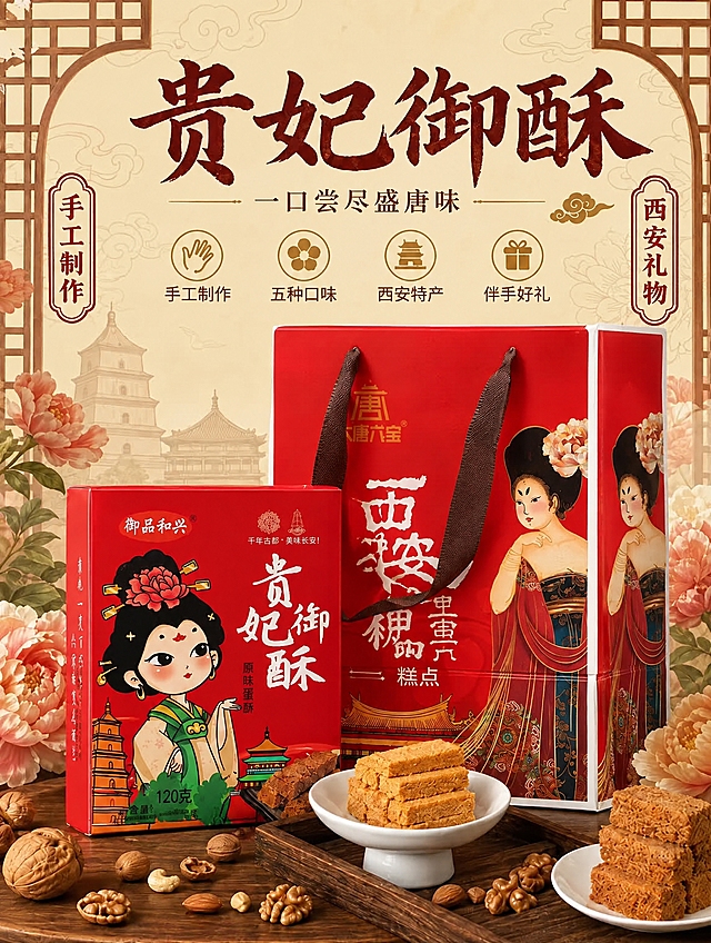 将图中的红色贵妃御酥包装盒和红色礼品袋替换为第二张图中的包装盒和礼品袋样式（包装盒上是Q版卡通贵妃形象、绿色服饰、写有'原味蛋酥'、净含量120克；礼品袋提手为深棕色），保持第一张图的整体场景、构图、背景、文字标题'贵妃御酥'、四个图标、左右竖排文字、前景的酥点、核桃、坚果、木桌木盘等所有其他元素完全不变，光影和透视与原图一致，自然融合