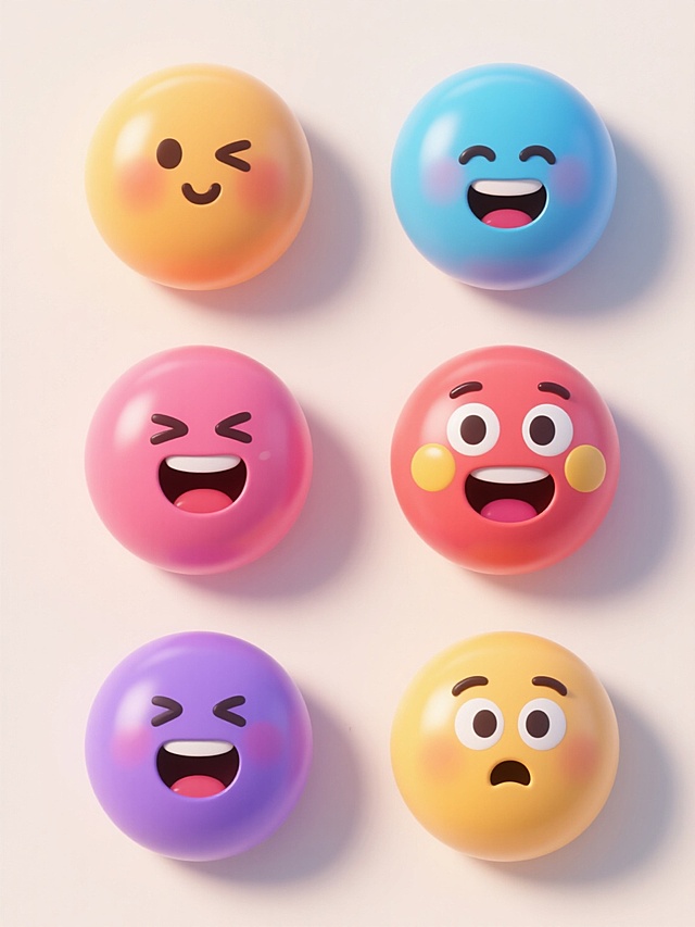 3D渲染风格的emoji表情集合，整体采用圆润饱满的造型，具有光滑细腻的塑胶质感，高光和阴影过渡自然柔和，呈现出强烈的立体感和真实的材质表现。画面以浅色背景为底，上下两行整齐排列6个不同配色、不同样式、不同神态的emoji表情，每个表情都拥有独特的色彩搭配和鲜明的神态特征，表情生动夸张，细节丰富，整体构图简洁明快，视觉层级清晰，色彩和谐统一。