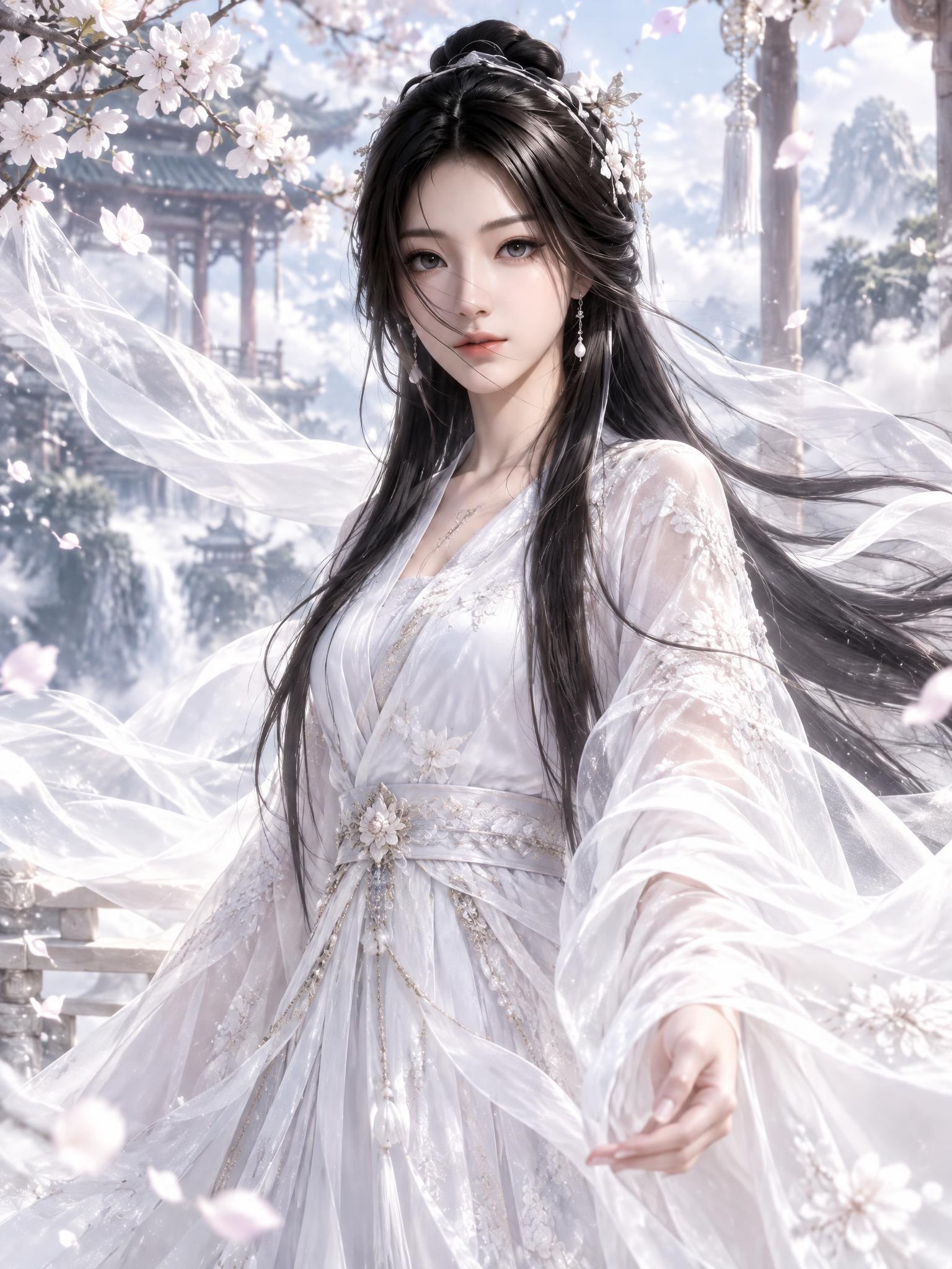 将图中女子画成白衣仙子，保留人物面部特征和长发造型，身着飘逸洁… - 图片创意预览