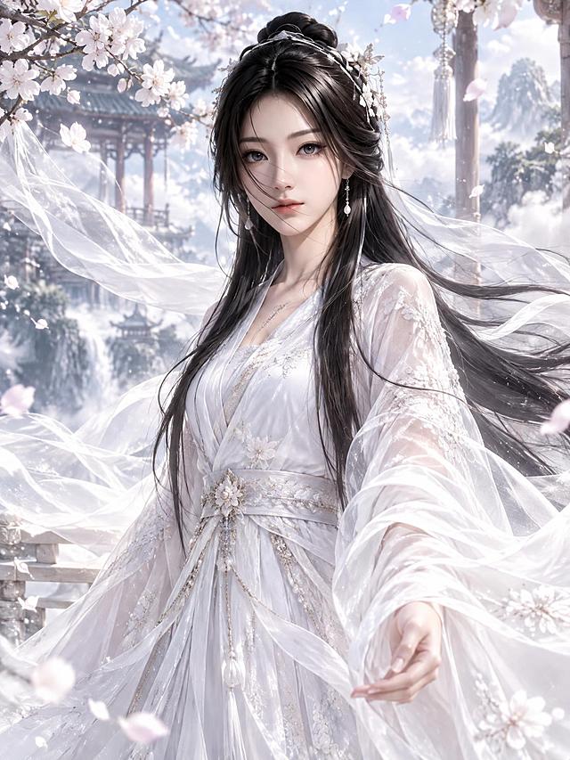 将图中女子画成白衣仙子，保留人物面部特征和长发造型，身着飘逸洁白的古风仙裙，纱质面料轻盈通透，衣袂飘飘，仙气十足，整体氛围清冷出尘，唯美梦幻