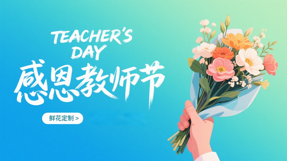 蓝绿色渐变背景，手写风格艺术字“TEACHER'S DAY”英文和“感恩教师节”中文，画面右侧有“鲜花定制”按钮及手持花束元素，整体温馨节日氛围预览效果