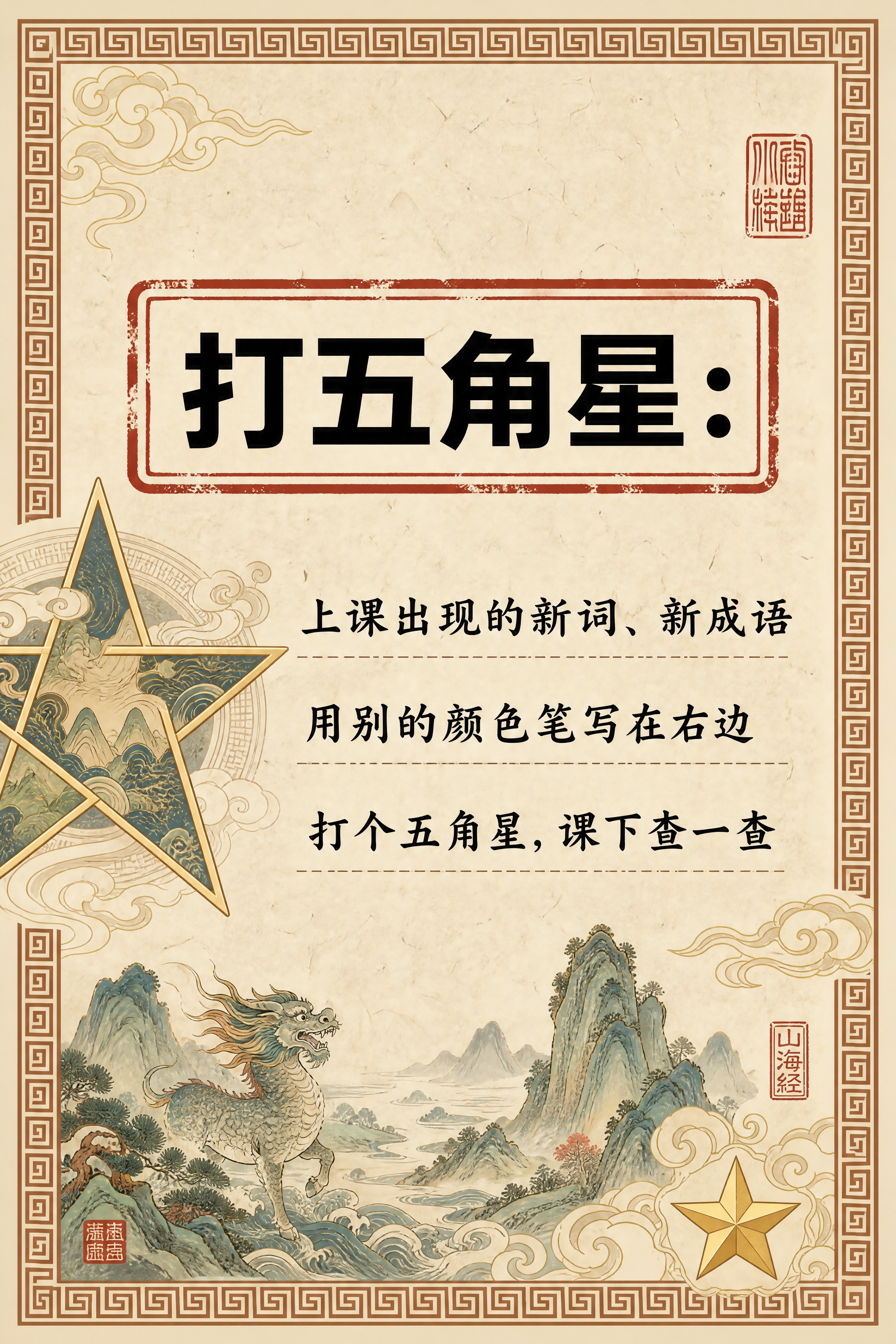 小红书笔记内页，打五角星技巧卡片，国风山海经风格，米黄色宣纸纹… - 图片创意预览