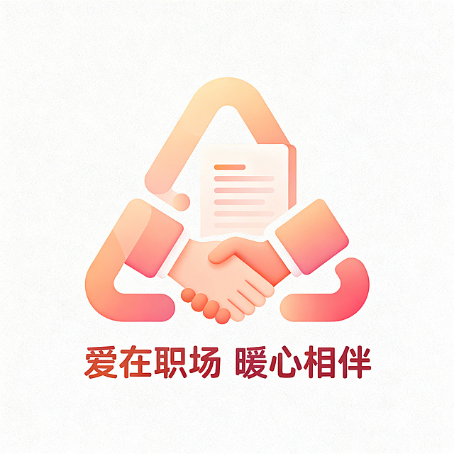 以三角图形为基础的暖色LOGO，整体风格温暖治愈，传递“爱在职场 暖心相伴”的氛围，三角形采用柔和的暖色调渐变，线条圆润流畅，融入职场相关的细腻元素，简约大气且富有亲和力