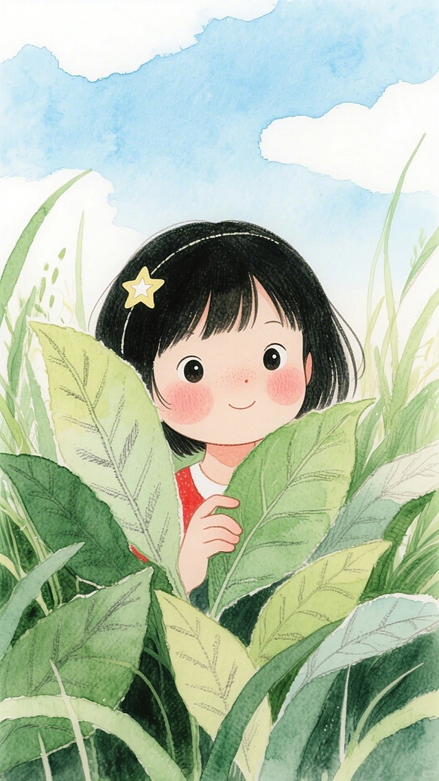 水彩风插画，女孩藏于绿叶间，星形发饰点缀，清新梦幻，手账风细腻笔触，柔和色调营造春日氛围。