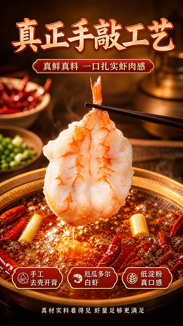 朋友圈美食宣传海报，竖版9:16，匠心暖调风格。画面中央是一只被筷子夹起的手敲虾滑/虾片，虾肉纹理清晰，饱满透亮，正从红油火锅中提起，汤汁微微滴落，充满食欲感。背景是暖棕色木质桌面与模糊的火锅食材（辣椒、花椒、葱段），暖黄色灯光从侧上方照射，营造温馨烟火气。顶部大标题文字："真正手敲工艺"，字体粗壮有力，红金配色。副标题："真鲜真料 一口扎实虾肉感"。画面下方排列三个圆角卖点标签："手工去壳开背"、"厄瓜多尔白虾"、"低淀粉真口感"。底部小字："真材实料看得见 虾量足够更满足"。整体版式精美，上下分层，主体突出，文字不遮挡虾肉，商业摄影质感，高清细腻，暖色调，食欲感强。
