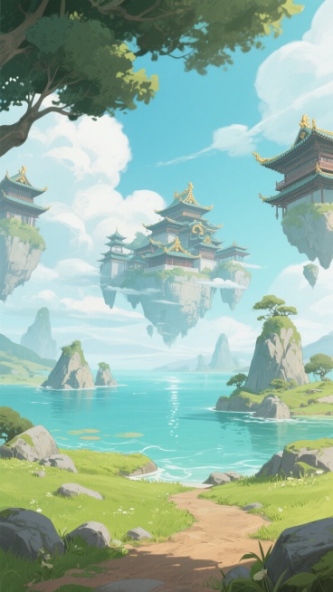 二次元手绘风格游戏场景，明亮清新的蓝绿色调，柔和的自然光从云层间隙洒落，前景是错落有致的青草地与灰褐色岩石小径，中景为波光粼粼的水面环绕着嶙峋岛屿，远景是悬浮在空中的中式古典建筑群，飞檐翘角点缀金色装饰，整体构图采用低视角仰拍营造空间纵深感，画面充满宁静悠远的仙侠氛围，细节处可见流畅的线条勾勒与平涂色彩过渡，无文字信息。预览效果